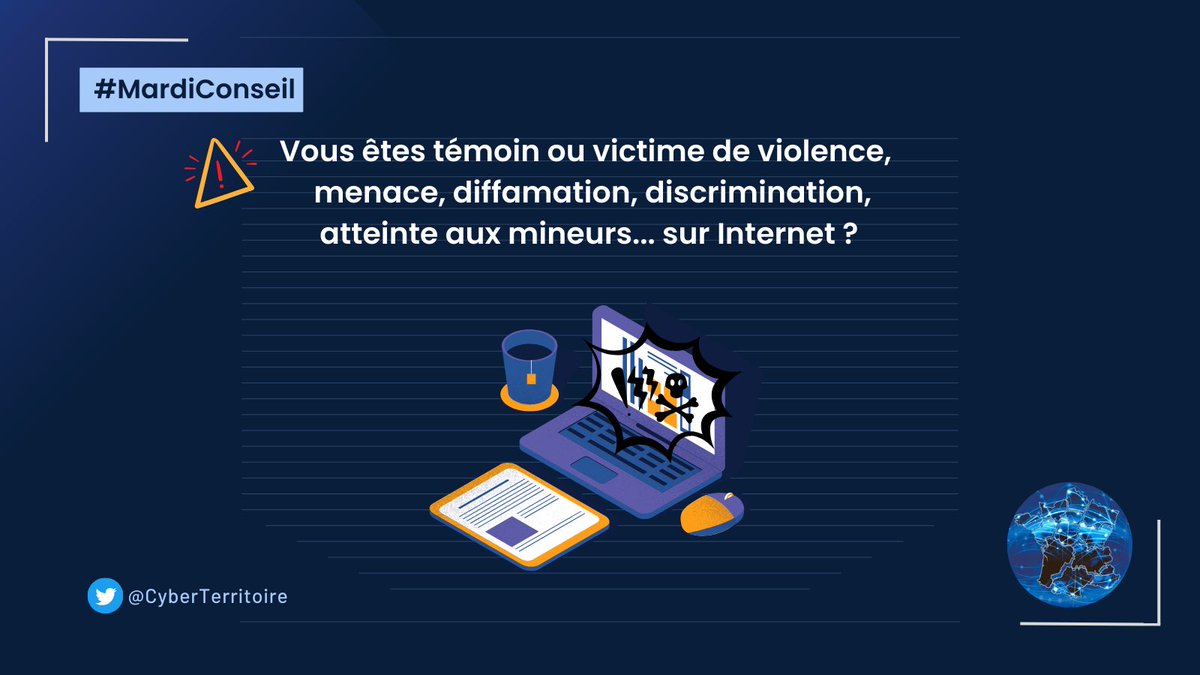 #MardiConseil
Vous êtes témoin, victime d'1 infraction sur Internet : violence, menace/apologie terrorisme, injure/diffamation, haine raciale/discrimination, atteinte mineurs
💡Ne likez pas, ne partagez pas, ne mentionnez pas ⛔️
✅ Signalez-le sur #PHAROS  internet-signalement.gouv.fr/PharosS1/