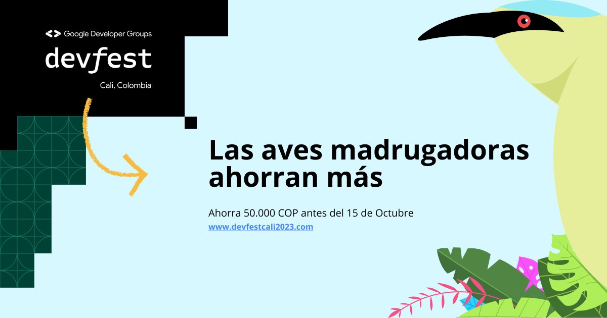 GDGCali's tweet image. 🎉 ¡La espera ha terminado! 🎉

Estamos emocionados de anunciar que los boletos Early Bird para Devfest 2023 ya están disponibles. Esta es tu oportunidad de asegurar tu lugar en uno de los eventos de tecnología más esperados del año a un precio especial y exclusivo.

¿Por qué…
