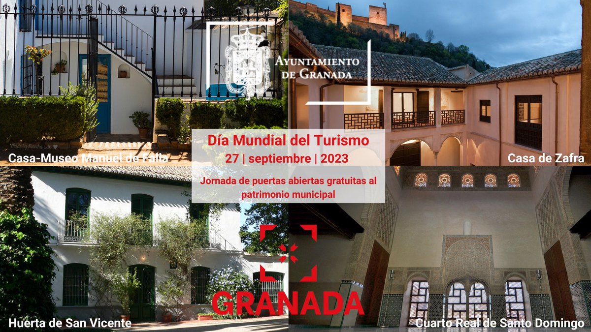 granadaturismo's tweet image. 🙌🏻 Mañana 27 de septiembre se celebra el #DíaMundialdelTurismo. Para celebrarlo, el @aytogr abre gratis, en su horario de visita, sus monumentos cuya visita conlleva pago:

📍Huerta de San Vicente
📍Casa-Museo Manuel de Falla
📍Casa de Zafra
📍Cuarto Real de Sto Domingo