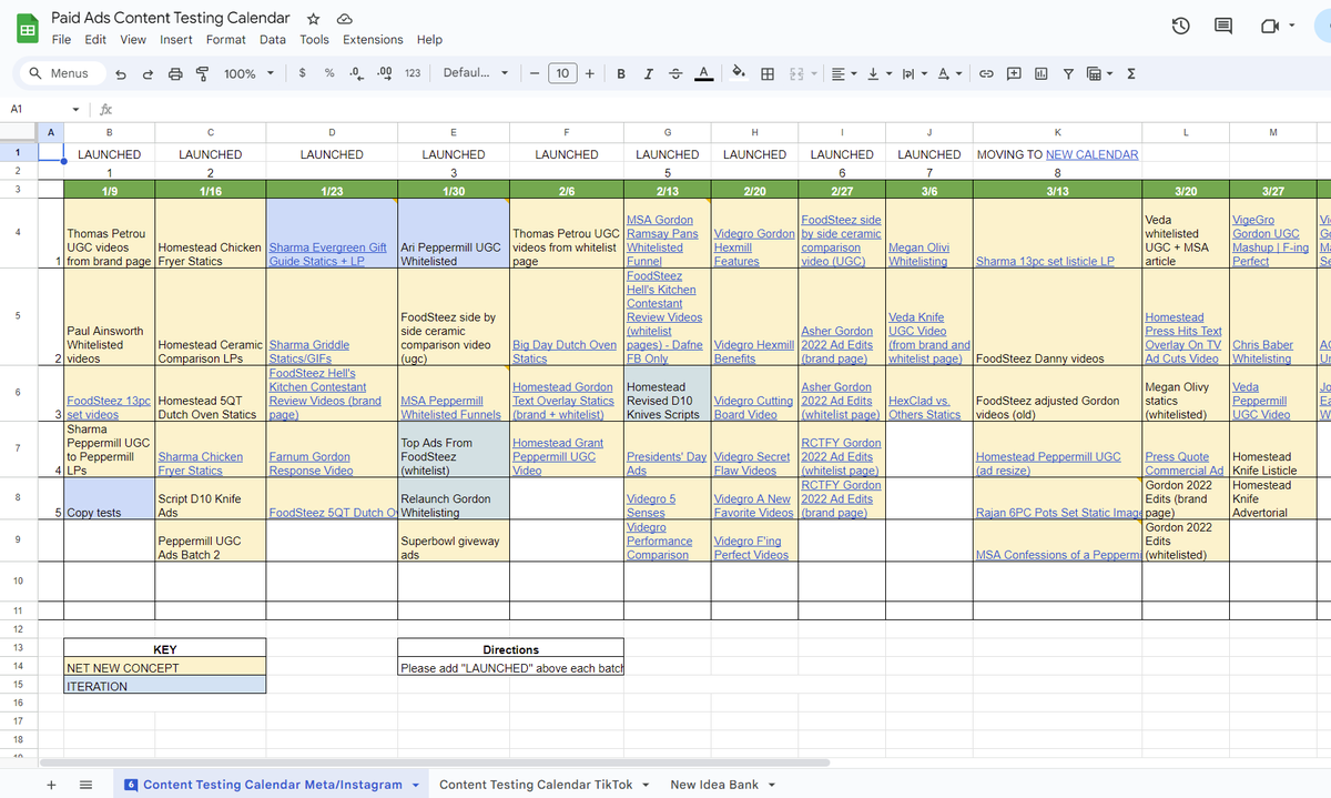 londonspilker's tweet photo. HexClad’s creative testing calendar: the secret behind keeping track of and analyzing the hundreds of assets we launch every month.

Let’s dig in to how we:
- track creative launches
- track incremental creative success
- track creative type launch frequencies

V1 vs. today 👇 https://t.co/Ex7GULQ55A