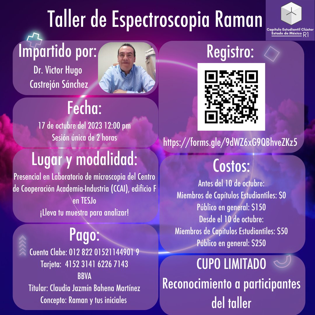 CapituloR1's tweet photo. Inscríbete al Taller de Espectroscopia Raman y aprende el uso de esta poderosa técnica de caracterización.
Registrate en: https://t.co/XPBGaOQive
Cupo limitado.
No olvides traer tu muestra, puede que sea la tuya la que se analice en el taller. https://t.co/V5fYmIaYwI