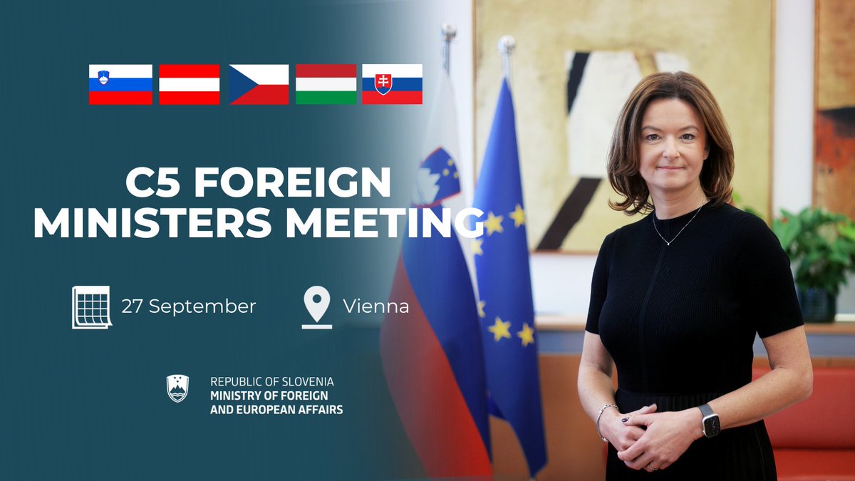 MZEZ_RS's tweet photo. MFEA @tfajon will attend the #Central5 🇸🇮🇦🇹🇨🇿🇭🇺🇸🇰 foreign ministers' meeting in #Vienna tomorrow to discuss Russian aggression against #Ukraine, the situation in the #WesternBalkans, the fight against irregular migration and other topical European and international issues. https://t.co/ehSZCZ4umu