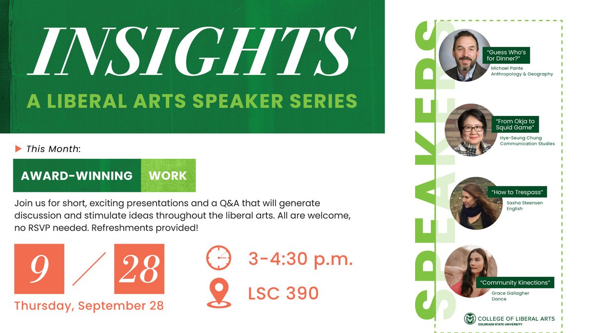 CSULiberalArts's tweet image. The first “Insights” Speaker Series is happening this Thursday from 3 – 4:30 p.m. in LSC 390.

This month’s event will feature presentations from four award-winning faculty.

Click the link below for more info!

col.st/yIIRp