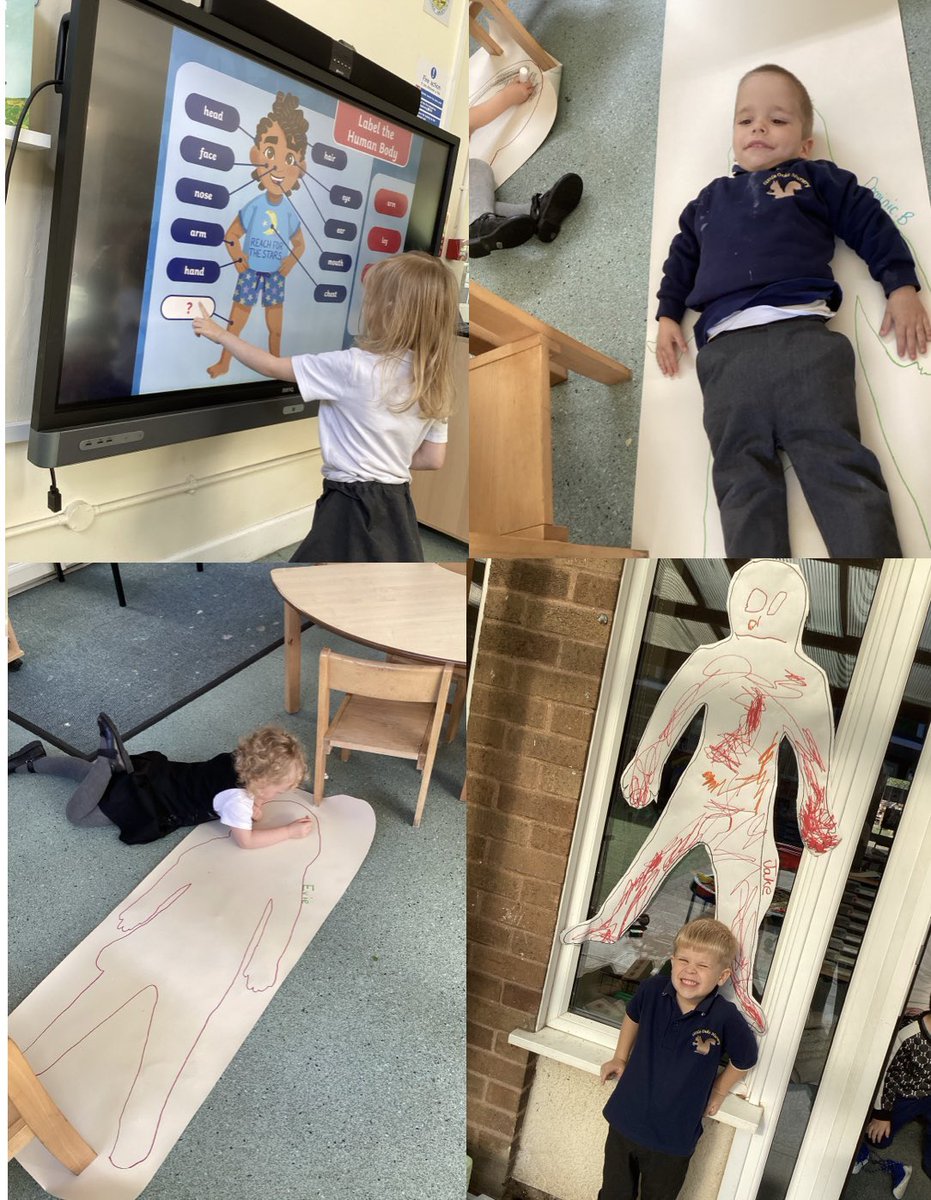 For our ‘All About Me’ topic, we learnt the correct names for parts of the human body. We then had a go at drawing around each other and identifying the parts we had learnt before colouring them 🤩 super job everyone! @InfinityAcad @WybertonPrimary