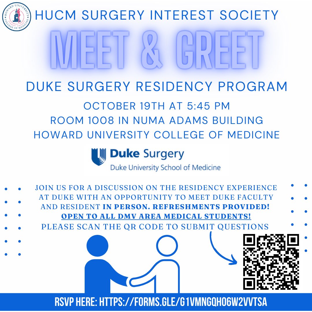 Duke General Surgery Residency (@dukesurgres) on Twitter photo 🚨Attention #GenSurgMatch2024🚨
Interested in learning more about <a href="/DukeSurgery/">Duke Surgery</a> ?
Come meet Vice Chair of Education (<a href="/JMigaly/">John Migaly</a>) and a Duke surgery resident IN PERSON at an HBCU near you this October.
Meharry October 17, 2023
Morehouse October 18, 2023
Howard October 19, 2023 🚨Attention #GenSurgMatch2024🚨
Interested in learning more about <a href="/DukeSurgery/">Duke Surgery</a> ?
Come meet Vice Chair of Education (<a href="/JMigaly/">John Migaly</a>) and a Duke surgery resident IN PERSON at an HBCU near you this October.
Meharry October 17, 2023
Morehouse October 18, 2023
Howard October 19, 2023