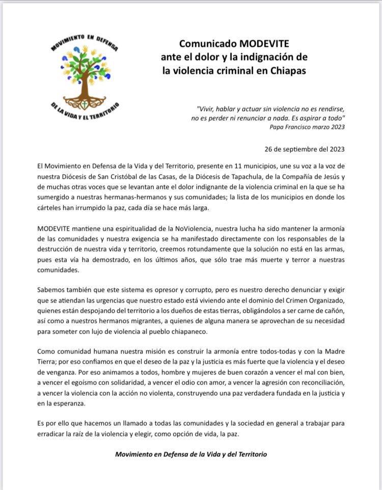 GabyCoutino's tweet photo. El #MODEVITE "Movimiento en Defensa de la Vida y del Territorio" #Chiapas se solidariza con peticiones de defensa de la vida y restauración #EstadoDeDerecho de @DiocesisTap @diosancristobal @Jesuitas_Mexico y más organizaciones sobre situación en #Sierra y #Frontera del estado https://t.co/o053sobf3W