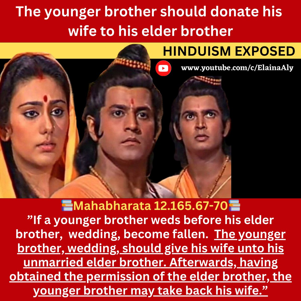 elaina_aly's tweet photo. REF: https://t.co/mM33rInwnq.
📚Mahabharata 12.165.67-70📚
 The younger brother, wedding, should give his wife unto his unmarried elder brother. Afterward, having obtained the permission of the elder brother, the younger brother may take back his wife.” https://t.co/zFGfPulSZZ