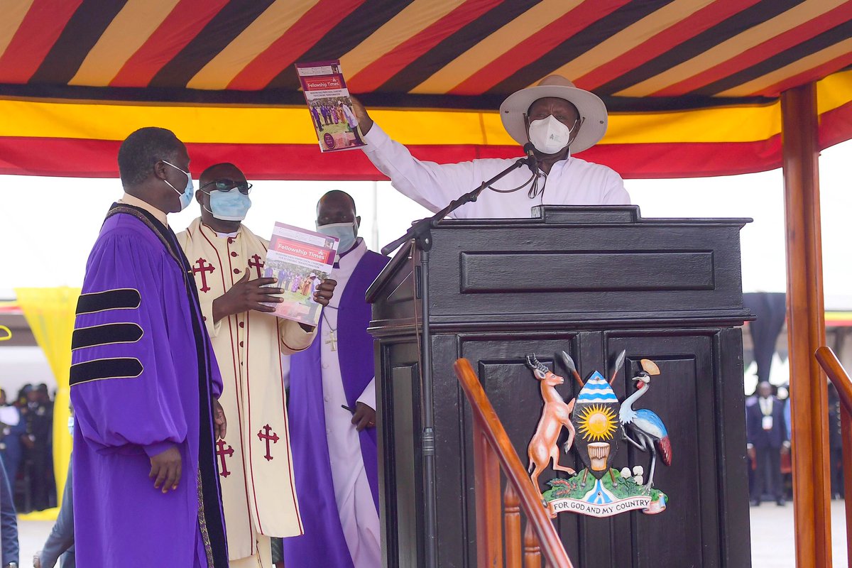KagutaMuseveni's tweet photo. I witnessed the consecration of Bishop Dr Moses Odongo as Archbishop/Overseer of the National Fellowship of Born-Again Pentecostal Churches in Uganda (NFBPC). I congratulate Dr Bishop Odongo upon his election and consecration. 

I also congratulate his predecessor, Bishop Joshua Lwere for his good service all the past years. The NFBPC was an idea/movement brought into existence by my former Minister Balaki Kirya and it is interesting to see what this Balokole movement has morphed into. It reminds me of the story of the mustard seed.

Furthermore ,there are several parts in the Bible that emphasize man must work , there is no miracle wealth, We as Christians must be in the footsteps of Jesus;  He preached the gospel , healed the sick, fed the hungry and worked (as a carpenter ). This is what we have been preaching in the NRM. Religion and wealth creation must move in tandem. 

I, therefore, call upon Dr Bishop Odongo, the entire leadership of the NFBPC and the born-again Christians to champion the message of wealth creation just like the bible says in Mathew 5:16.