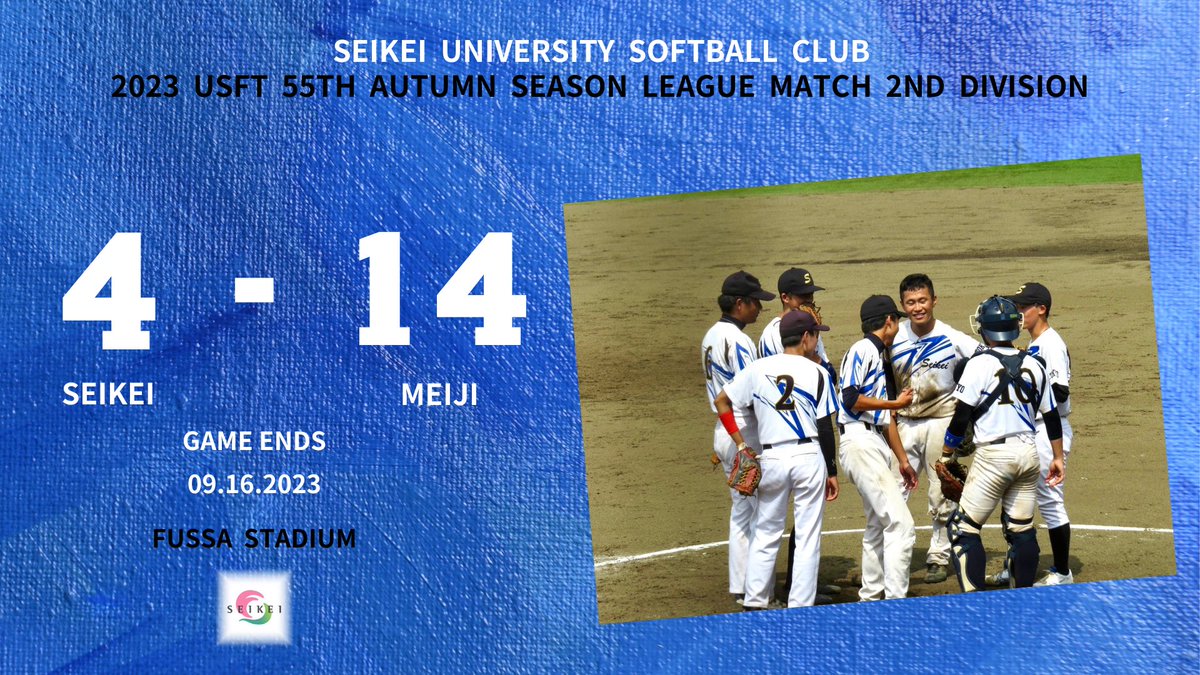 seikei_soft_11's tweet photo. 2023/9/16  成蹊 4-14 明治

初回に2点を先制されるも、3番前田のソロと9番岩沢の適時二塁打で同点とする。しかし3回表に勝ち越しを許すと、その後も相手の勢いを止められず、最終回に2点を返すも及ばず敗戦を喫する…。

#成蹊大学 https://t.co/oMblALKZW2