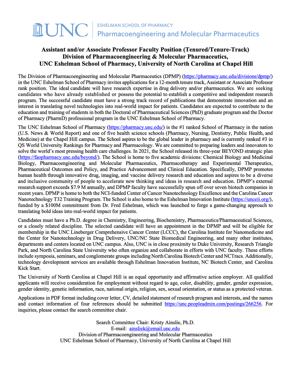 Come be our colleague! We are hiring for a tenure-track assistant and/or associate professor position here at <a href="/DPMP_UNC/">Pharmacoengineering & Mol Pharmaceutics (DPMP UNC)</a>! Job posting provided below - retweets appreciated!
