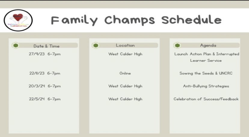WlhwbChamps's tweet image. Looking forward to our first Family Champs meeting of this session tomorrow evening, from 6-7pm, at West Calder High. #whatmatters #smallchanges #bigdifferences