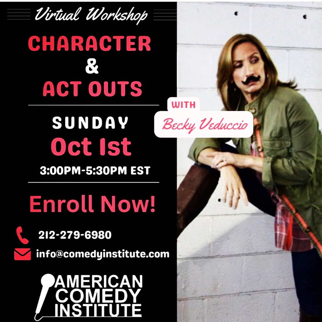 Make your stand-up funnier with act-outs and characters! 

Register now. Spots are limited! 

#beckyvedducio #americancomedyinstitute #virtualworkshop #characters #actouts #fun #specialtyclass #standupcomedy #standupcomedyworkshop #nyccomedyschool #