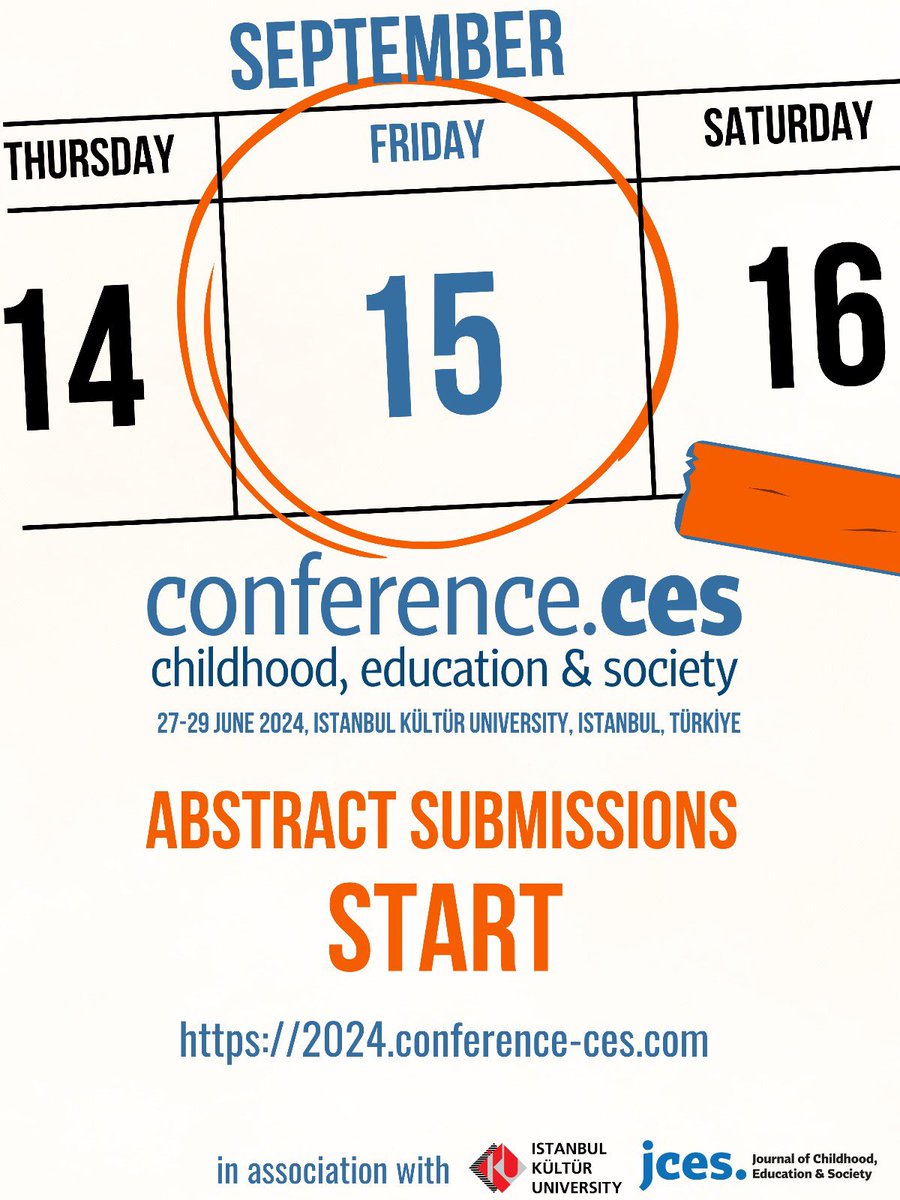 🚨OFFICIAL ANNOUNCEMENT

Call for abstract submission is NOW OPEN for #ConferenceCES 2024!

We invite abstracts for Individual Papers, Individual Posters and Roundtable Conversations to be submitted by 15 February 2024.

Find out more: 2024.conference-ces.com

#ChangingChildhood