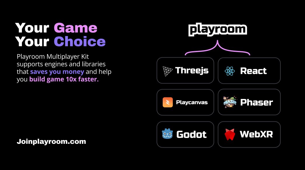 There are more ways to build games that saves you money and Playroom Multiplayer supports all of them.

@threejs @playcanvas @godotengine  @reactjs @phaser_  @PixiJS  @CocosEngine 

#gamedev #indiedev #savemoney #games #unityruntimefee #unity