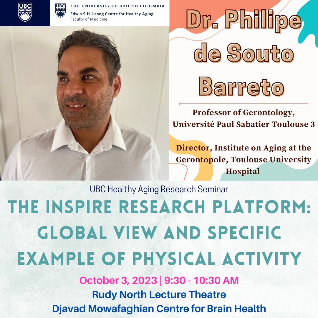 Edwin S.H. Leong Centre for Healthy Aging (@ubcaging) on Twitter photo We are excited to announce that Dr. <a href="/SoutoPhilipe/">Philipe de Souto Barreto</a> from Université Paul Sabatier Toulouse 3, will be speaking at our next Healthy #Aging Seminar on October 3 (9:30-10:30 AM PDT) at <a href="/DMCBrainHealth/">Djavad Mowafaghian Centre for Brain Health</a> - register here to attend in-person or virtually: shorturl.at/cilUY We are excited to announce that Dr. <a href="/SoutoPhilipe/">Philipe de Souto Barreto</a> from Université Paul Sabatier Toulouse 3, will be speaking at our next Healthy #Aging Seminar on October 3 (9:30-10:30 AM PDT) at <a href="/DMCBrainHealth/">Djavad Mowafaghian Centre for Brain Health</a> - register here to attend in-person or virtually: shorturl.at/cilUY