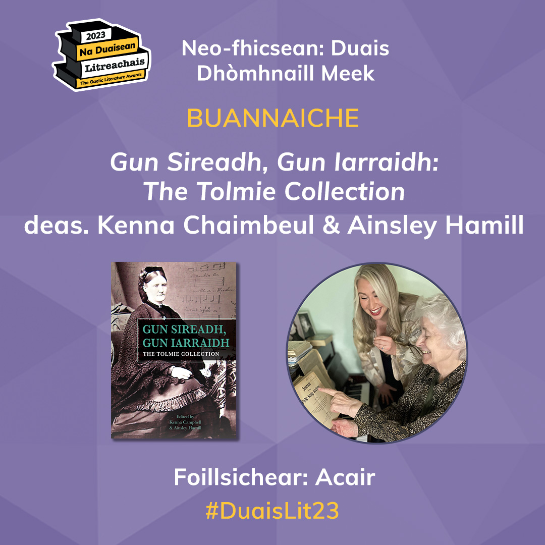 LeughLeabhar's tweet photo. Meal-a-naidheachd air Kenna Chaimbeul agus Ainsley Hamill, a choisinn an duais airson An Leabhar Neo-fhicsein as Fheàrr 2023 (Duais Dhòmhnaill Meek) le ‘Gun Sireadh, Gun Iarraidh: The Tolmie Collection’ (Acair).

#DuaisLit23 #Gàidhlig https://t.co/y7KYX6P3tI