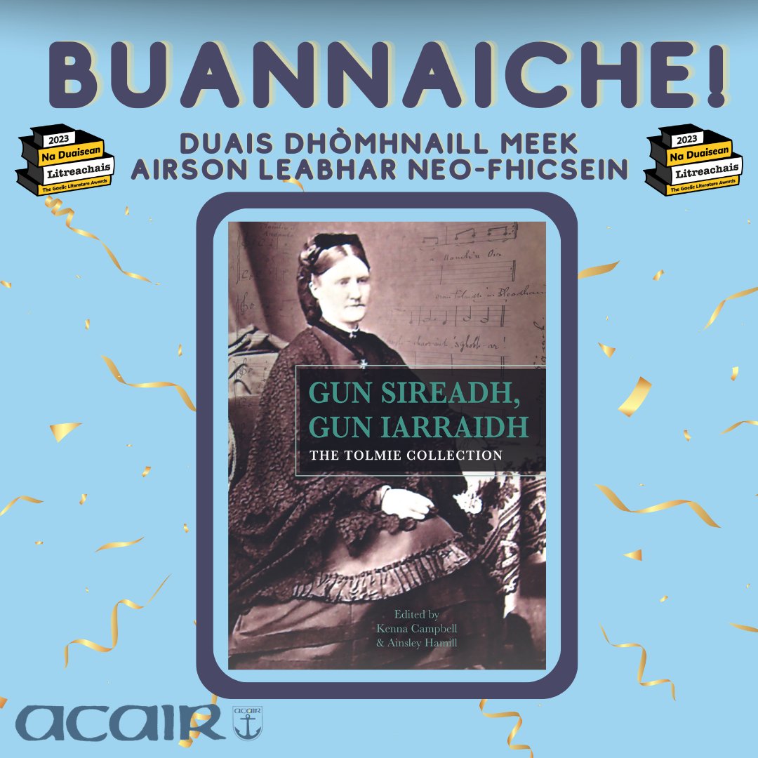 AcairBooks's tweet photo. AGUS DUAIS EILE! 😁 An trupsa gu Ceana Chaimbeul agus Ainsley Hamill agus iad air Duais Dhòmhnaill Meek airson Leabhar Neo-fhicsein a bhuannachadh leis an leabhar aca 'Gun Sireadh, Gun Iarraidh'! 👏 Mealaibh ur naidheachd do Cheana agus do Ainsley!

#Gàidhlig #Gaelic #DuaisLit23 https://t.co/TjoVXoIC06