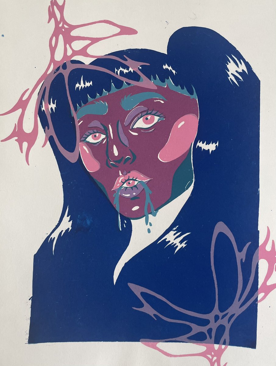 sluggbreath's tweet photo. @ashnikko silkscreen printed this piece, inspired by Cry!! 💙 https://t.co/PaCJyJ4o49