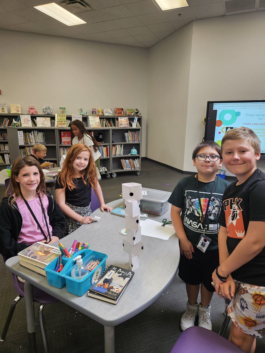 Ashland_Ranch's tweet photo. #internationaldotday is celebrated every year on September 15ish. It is a celebration of courage, creativity, and collaboration. This week in library we have been celebrating by reading The Dot by Peter H Reynolds and creating bravely to design and build dot sticker towers. https://t.co/q6wDVaOFQ1