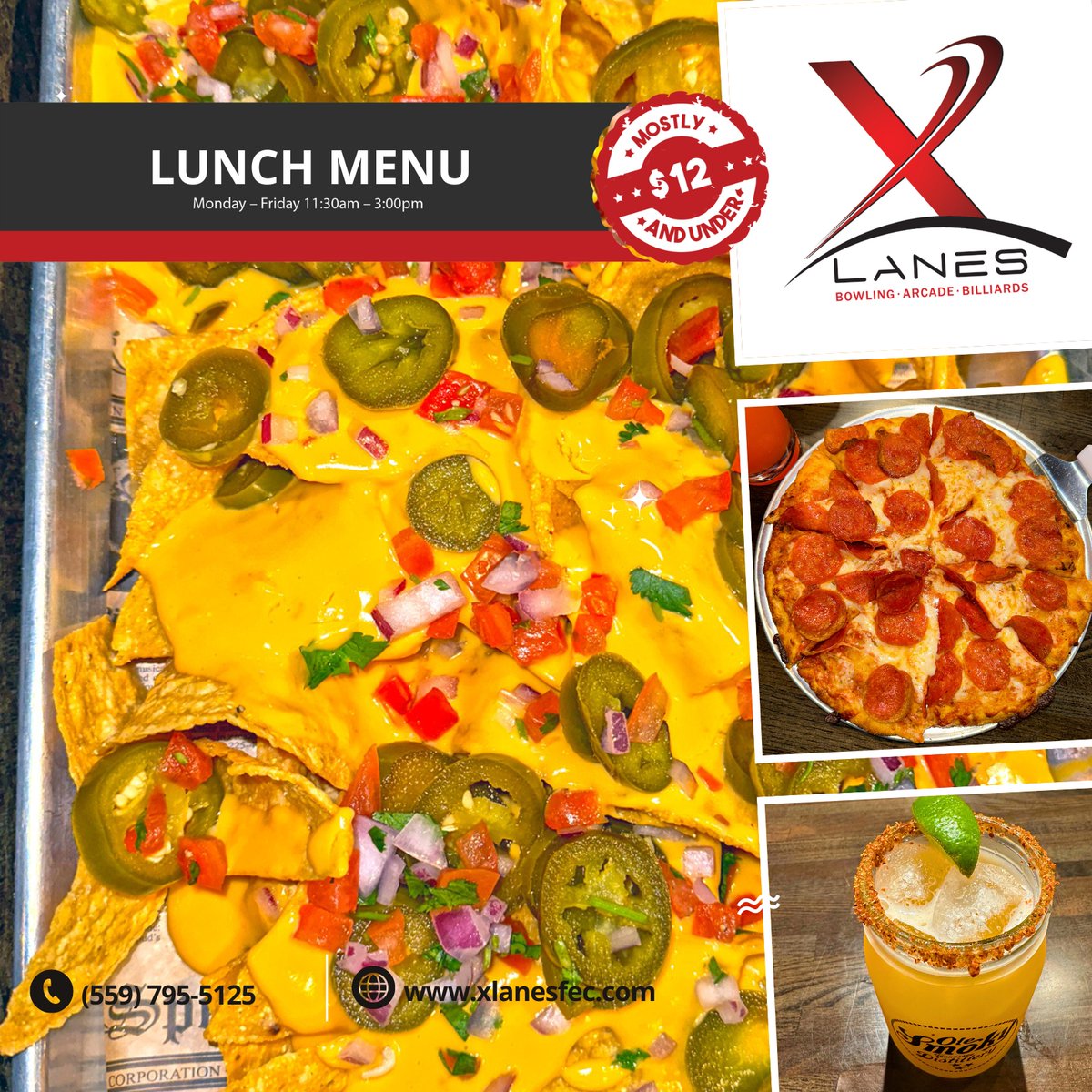 👩‍🍳 The XLanes Nachos are only $11 when you join us for lunch! 🔥 Prepared with freshly fried tortillas topped with Pico de Gallo, jalapenos, and our very own cheese sauce! 🧀 Our lunch menu is available Monday through Friday from 11:30 AM to 3 PM.