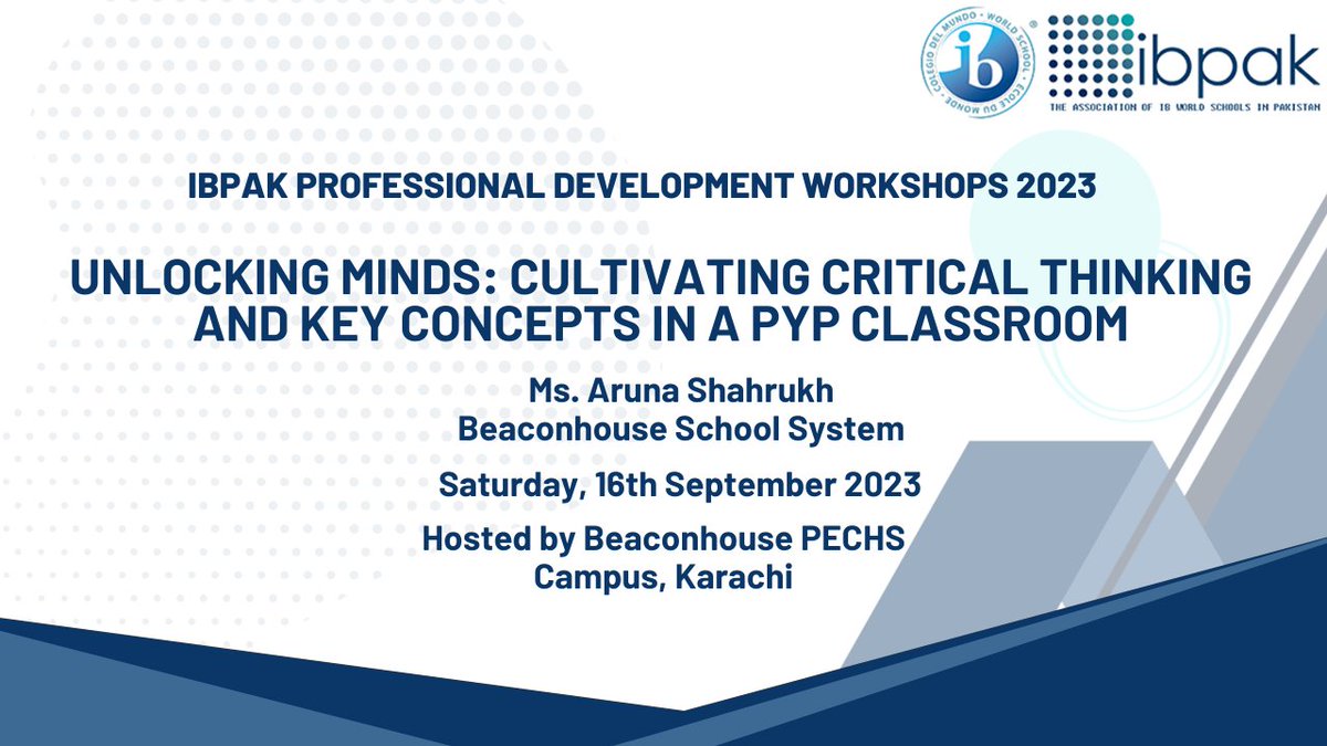 IBPAKAssoc's tweet photo. IBPAK Professional Development Workshops 2023

UNLOCKING MINDS: CULTIVATING CRITICAL THINKING AND KEY CONCEPTS IN A PYP CLASSROOM

#pyp
#myp
#DP
#leaders
#ibworldschool
#internationalbaccalaureate
#professionaldevelopment
#workshops
#ibtogether
#education
#global
#IBPAK https://t.co/d7eBDkDVkO