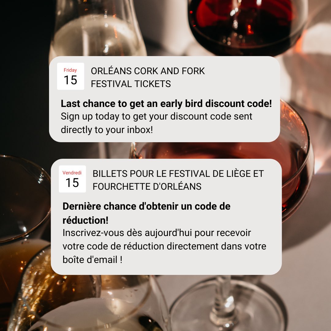 Tickets for the Orléans Cork and Fork Festival go on sale tomorrow! Sign up today to get your early bird discount🕊️

Les billets pour le Festival de Liège et Fourchette d’Orléans seront mis en vente demain! Inscrivez-vous: 

orleansfestivals.myflodesk.com/xsubscriber