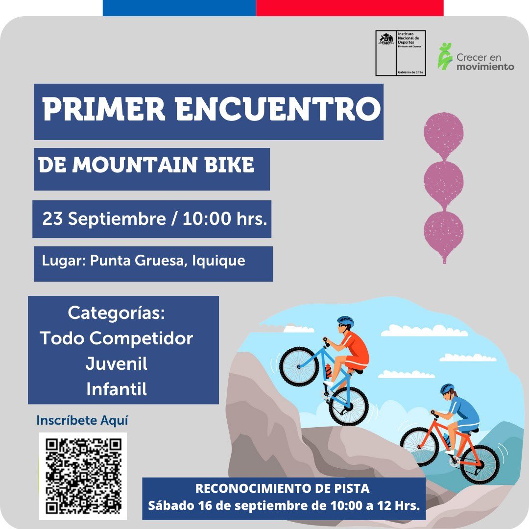 TODOS A PEDALEAR DURO!! Te invitamos a participar en el primer encuentro de Mountain Bike que organiza el Programa #CrecerEnMovimiento. Inscríbete en el QR y disfruta de una gran jornada el próximo 23 de septiembre…👀👇🏽👇🏽 TE ESPERAMOS! @AntoIllanesR @IsraelCastroL