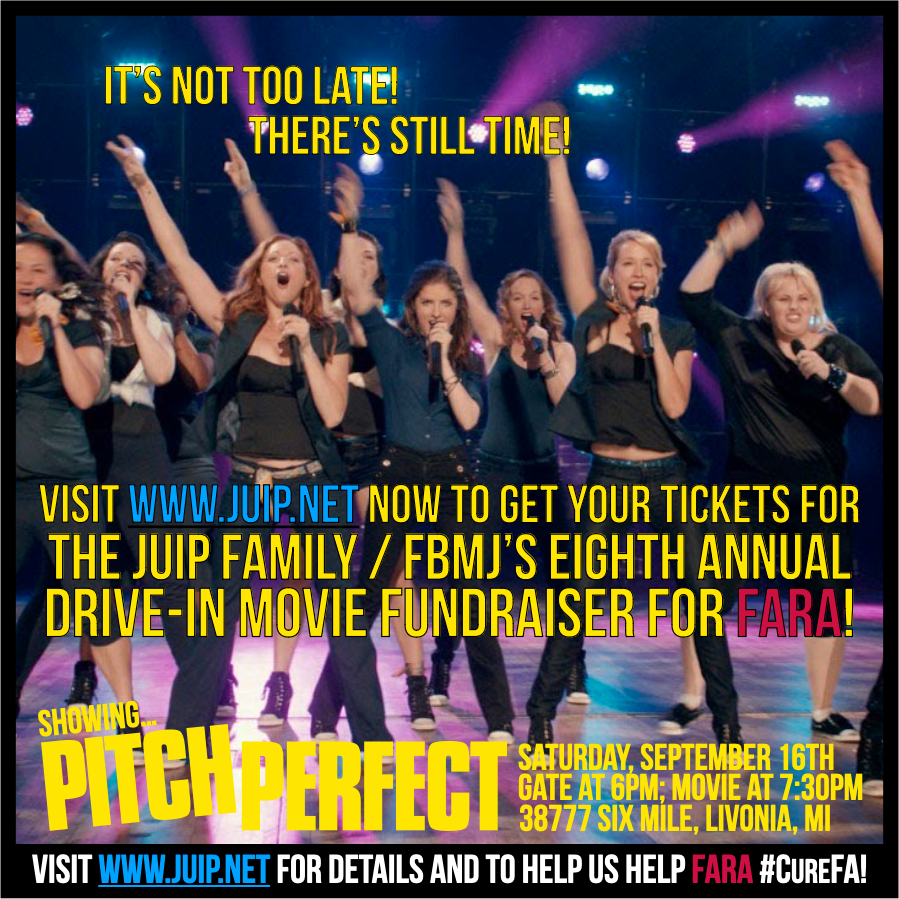 rajuip's tweet photo. We're 48 hours from the Juip family / @FBMJLaw's Pitch Perfect drive-in movie fundraiser for @curefa (FARA) - so visit https://t.co/WoY3SkxDVj right now for details / tickets / sponsorship info / make a donation to help us help FARA #SlowStopReverse and #CureFA!!! https://t.co/emx8PHC0mJ