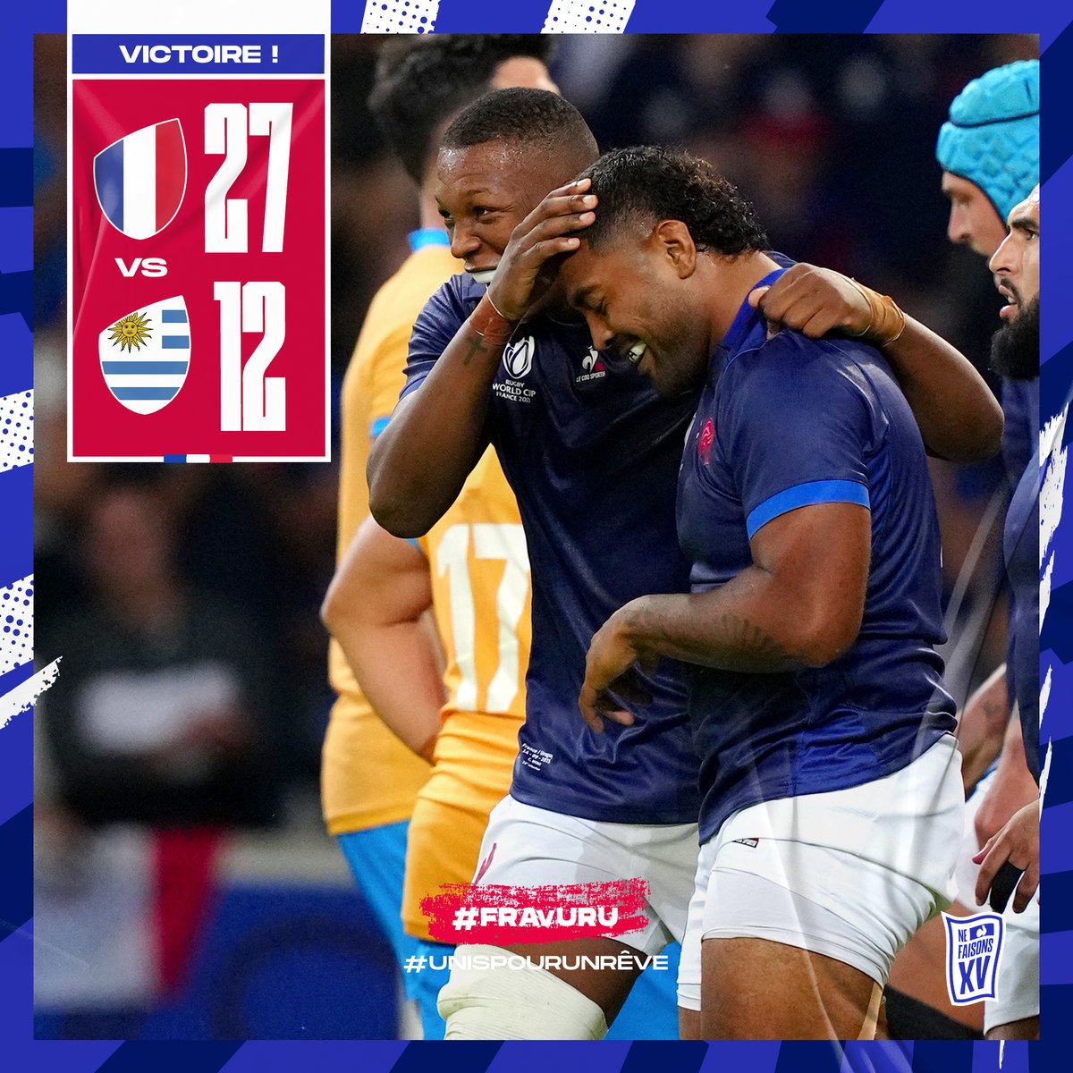 🇫🇷🇺🇾 𝑽𝑰𝑪𝑻𝑶𝑰𝑹𝑬 à Lille !

#FRAvURU #UnisPourUnRêve #RWC2023 #XVdeFrance