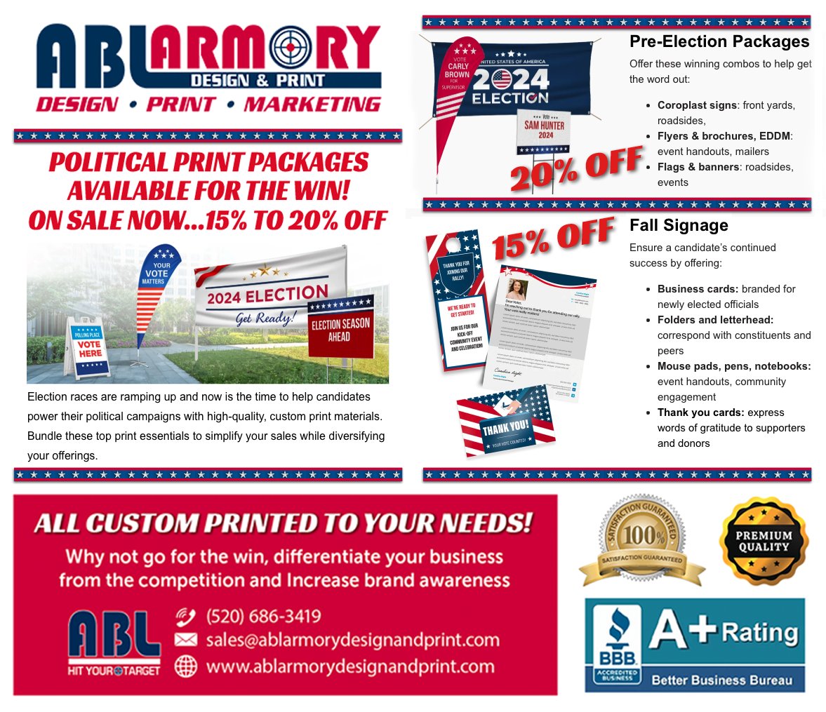 Ready to amplify your political campaign? ABL Armory Design & Print has a special offer for you! Get 15-20% off Political Graphics & Printing. Reach out today at 520-686-3419 or ablarmorydesignandprint.com. Supercharge your message to your voters!  #PoliticalGraphics #PrintingSale