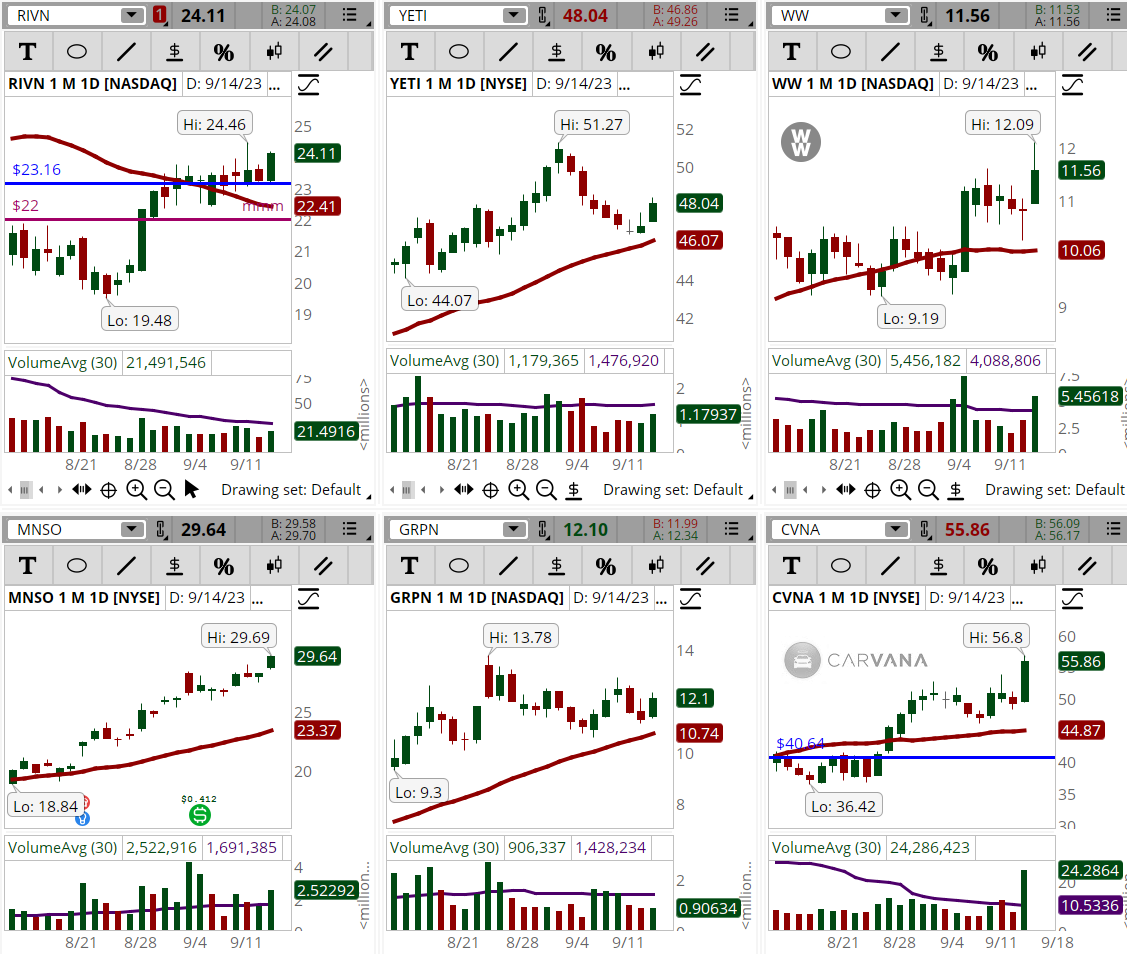 ConnieHillCS's tweet photo. A few Consumer Discretionary stocks popped in the Early Morning Movers Bullish scan. Some examples, not recommendations are: #RIVN, #YETI, #WW, #MNSO, #GRPN, #CVNA. Let's see if the momentum continues tomorrow. Charts link: https://t.co/uL4Nx33pbV https://t.co/utFo43WdqQ
