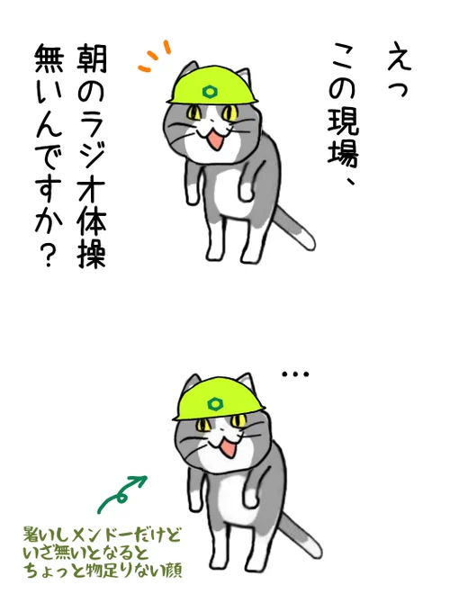 クックック…。お前もラジオ体操無しでは生きられない身体になったか… #現場猫 