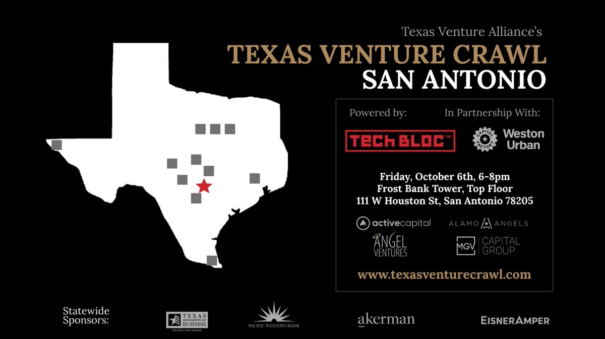Tech Bloc (@satechbloc) on Twitter photo Thrilled to power <a href="/TXVentureCrawl/">TexasVentureCrawl</a> in San Antonio on October 6th at 6pm at the TOP FLOOR of the Frost Tower! 🏙
Limited space, snatch your FREE tickets up ⬇️
lu.ma/texas-venture-…
#SAVentureCrawl #SanAntonioStartups #TexasVentureCrawl #SATechBloc #TexasVentureAlliance Thrilled to power <a href="/TXVentureCrawl/">TexasVentureCrawl</a> in San Antonio on October 6th at 6pm at the TOP FLOOR of the Frost Tower! 🏙
Limited space, snatch your FREE tickets up ⬇️
lu.ma/texas-venture-…
#SAVentureCrawl #SanAntonioStartups #TexasVentureCrawl #SATechBloc #TexasVentureAlliance