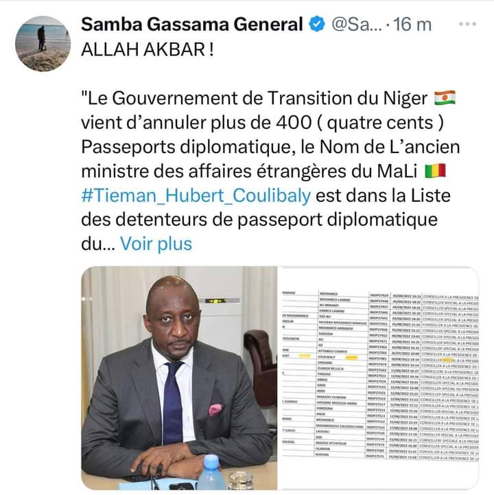 KalilouSY4's tweet photo. Dans la liste des passeports annulés par les autorités du Niger on retrouve l’ancien ministre des affaires étrangères du MaLi 🇲🇱 #Tieman_Hubert_Coulibaly  détenteur d'un passeport diplomatique du Niger 🇳🇪....en qualité de conseiller spécial du PR  du Niger 🇳🇪 ( Liste  N° 95) https://t.co/nqPB2gLXP0