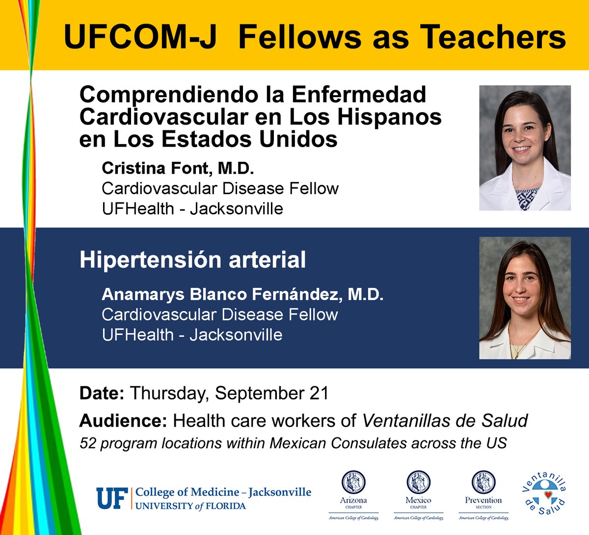 UF COMJ - Office of Educational Affairs (@uf_jaxgme) on Twitter photo <a href="/ufjaxcards/">UF Jacksonville Cardiology Fellowship</a> fellows <a href="/DraCards/">Anamarys Blanco</a> and @CristinaMFont will soon provide valuable education on cardiovascular disease & hypertension trends in the Hispanic population of the US. What a wonderful start to Hispanic Heritage Month!
#FellowFocusFridays <a href="/UFMedicineJax/">UF College of Medicine - Jacksonville</a> <a href="/ggvela/">GladysMDHeart</a> <a href="/ufjaxcards/">UF Jacksonville Cardiology Fellowship</a> fellows <a href="/DraCards/">Anamarys Blanco</a> and @CristinaMFont will soon provide valuable education on cardiovascular disease & hypertension trends in the Hispanic population of the US. What a wonderful start to Hispanic Heritage Month!
#FellowFocusFridays <a href="/UFMedicineJax/">UF College of Medicine - Jacksonville</a> <a href="/ggvela/">GladysMDHeart</a>