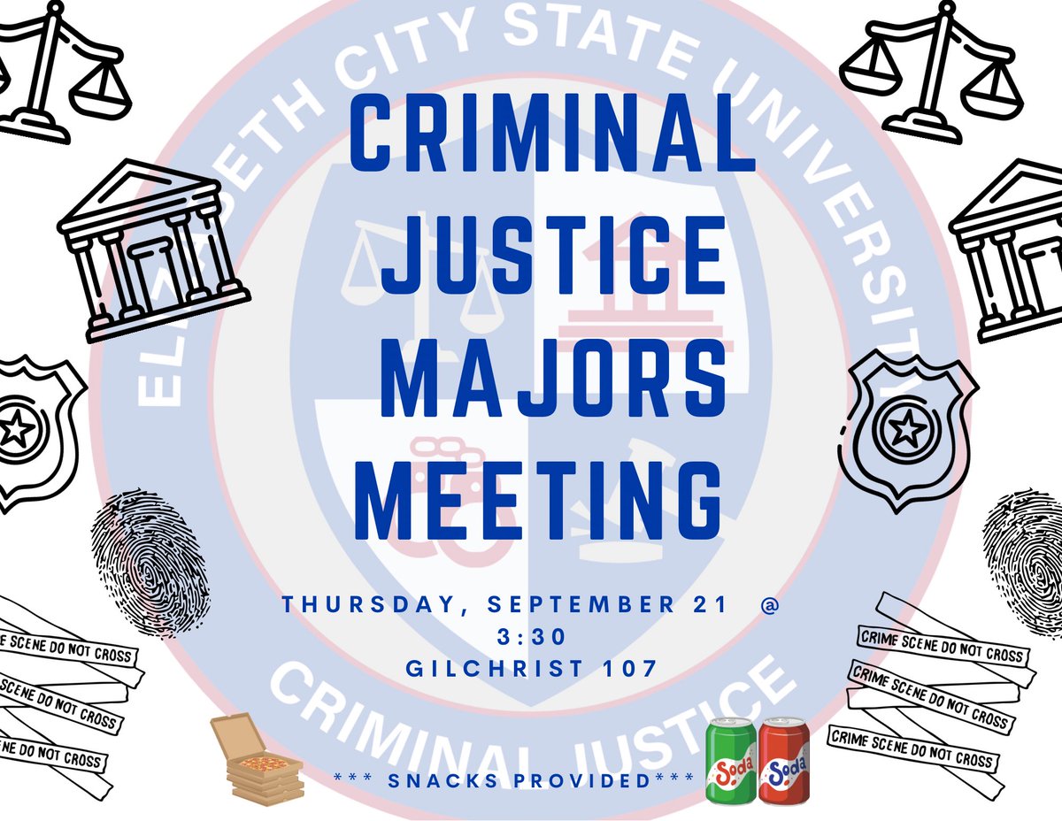 Calling all Criminal Justice Majors at Elizabeth City State University! 🚔 This is your chance to connect with fellow students and faculty. 

🤝 Network with fellow criminal Justice students and faculty.
🗣️ Engage in insightful discussions.

See you next Thursday!