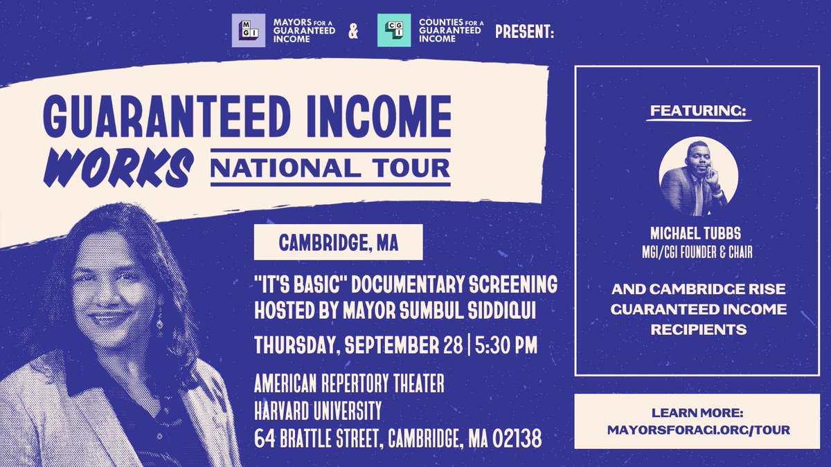 Across the country, direct cash assistance programs are vital anti-poverty strategies.

Join @MayorSiddiqui &amp;  <a href="/MichaelDTubbs/">Michael Tubbs</a> for the <a href="/CambMA/">City of Cambridge</a> premiere of <a href="/ItsBasicDoc/">It’s Basic Documentary</a>, a documentary highlighting the guaranteed income movement and its utility. bit.ly/itsbasiccambri…