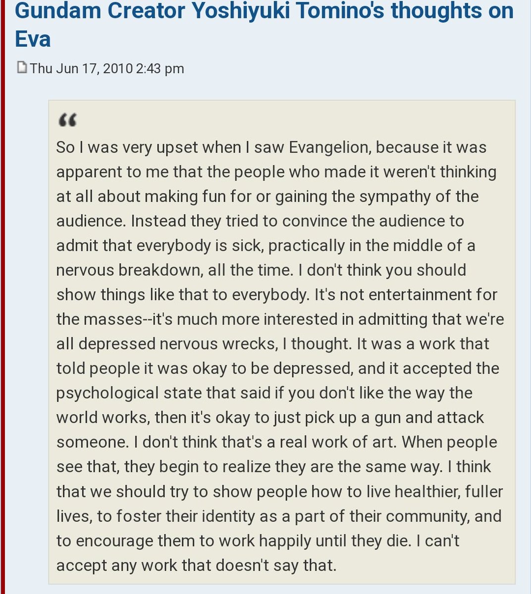 Gundam Creator Yoshiyuki Tomino's  thoughts on Evangelion