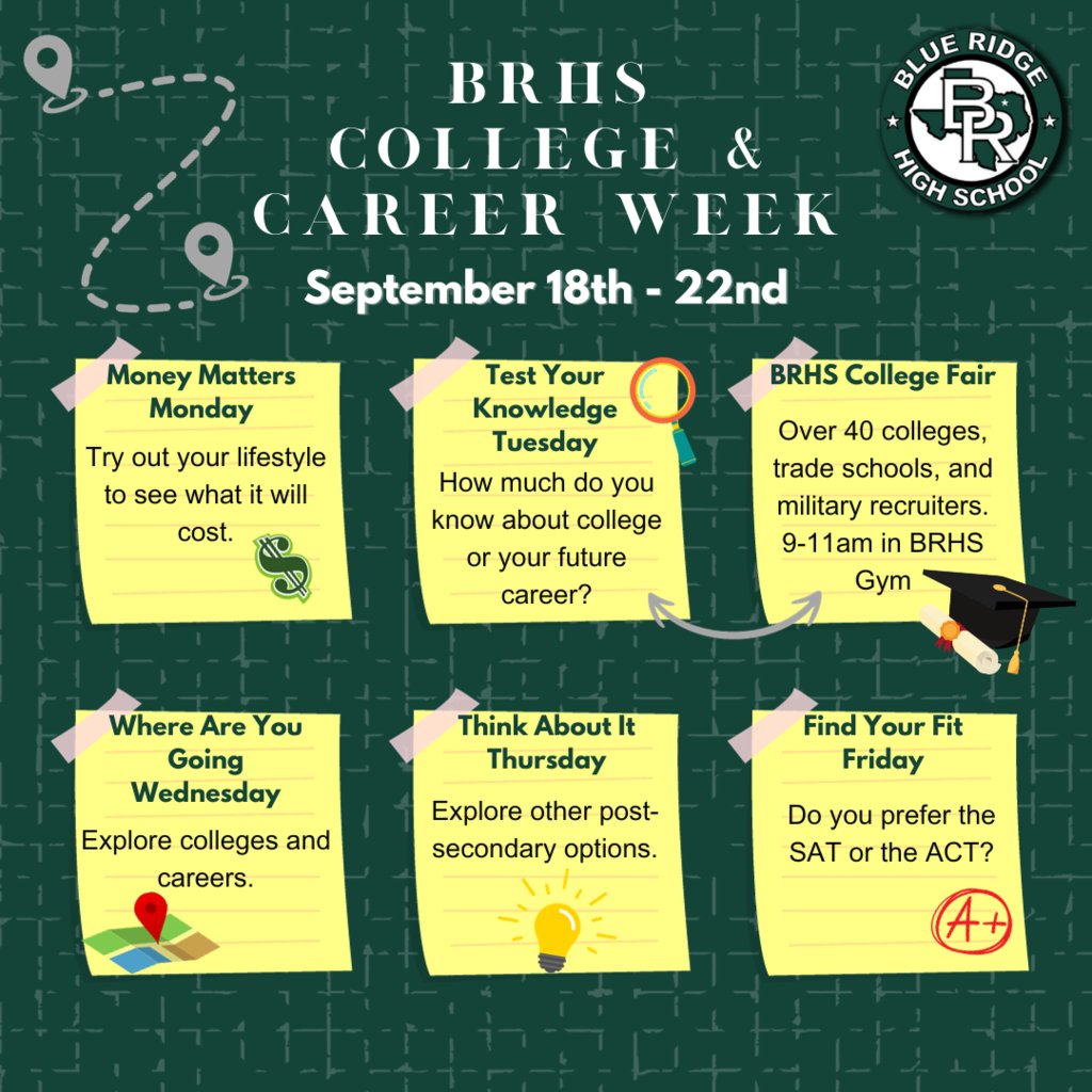 Next week is BRHS College &amp; Career Week! We have a full week of activities &amp; opportunities for our students to learn about college, trades, &amp; the military. We are also hosting our 2nd Annual College &amp; Military Fair on Tuesday where we will welcome over 40 recruiters to campus.