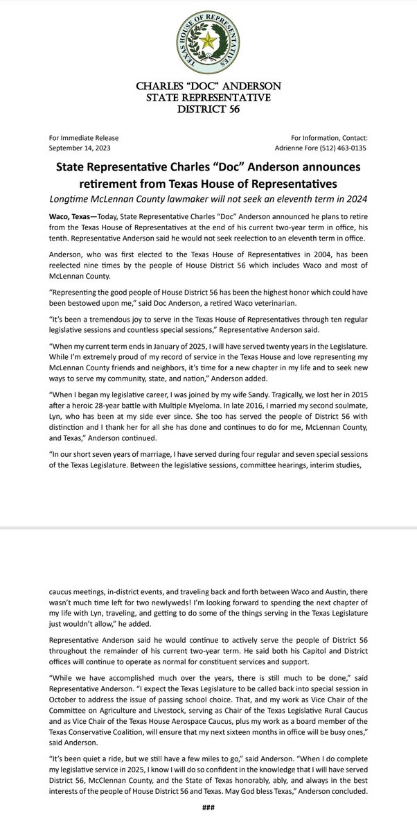 Rep. Doc Anderson will not seek reelection #txlege