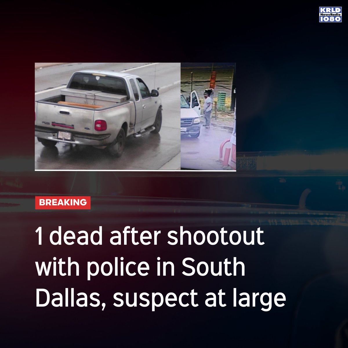 #UPDATE: 1 person is dead after shootout with police in South Dallas. One officer was hit in the vest and is currently in stable condition. Dallas police are now searching for the suspect who is still at large. Find updates here: audacy.com/krld/news/loca…