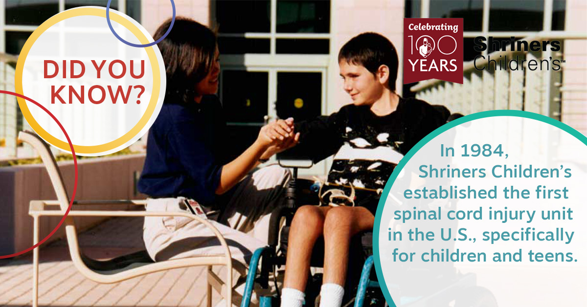 shrinershosp's tweet image. In 1984, Shriners Children&apos;s established the first spinal cord injury unit in the U.S., specifically for children and teens. Learn more: ow.ly/j3Cb50PGWfx #SpinalCordInjuryAwareness #SCI #rehabilitation