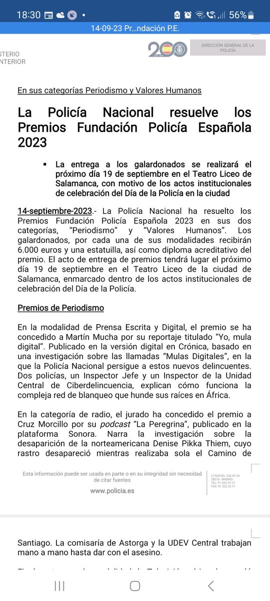 Hoy es un día muy feliz. La Fundación <a href="/policia/">Policía Nacional</a> premia mi podcast 'La Peregrina' en @SonoraOriginal un proyecto mágico, periodismo en estado puro, en el que conté con el talento de unos cuantos <a href="/pablo_g_batista/">Pablo Glez. Batista</a> <a href="/Irevali/">Irene Valiente</a> <a href="/YagoMendivil/">Yago</a> y la confianza e impulso de <a href="/garridocoronado/">Toni Garrido</a>