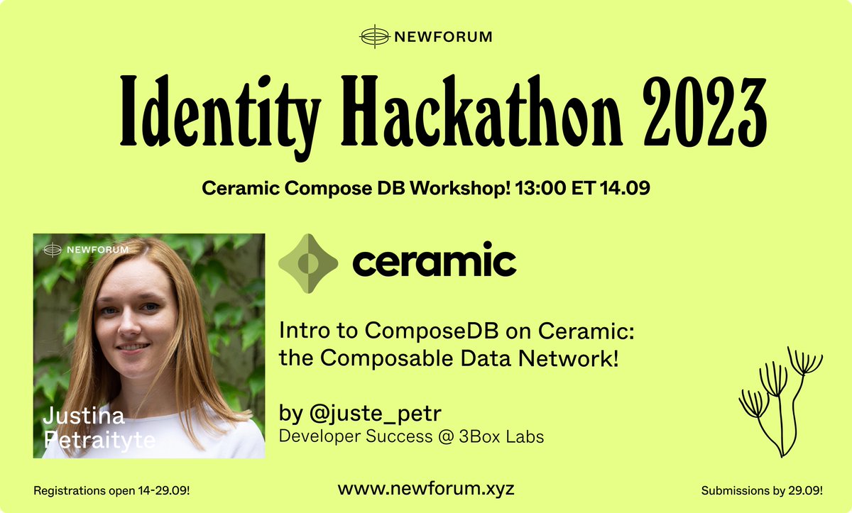 newfound8ion's tweet photo. Join us with @juste_petr, Mentor at NEWFORUM and Developer Success at 3Box Labs, in our kick sessions for our online #IdentityHackathon. Workshop starting soon at 13.00 today covering @ComposeDB, the composable Web3 graph database powered by our amazing partner and sponsor @ceramicnetwork!! ⚡️

Register to hack for access and to jump in our events, workshops and research forums for our invited community members! All accepted community builders, designers and researchers will get access to this and other recorded sessions! Registrations remain open, let's build the future of web3 Reputation and Identity⚡️
https://t.co/Q6Y5avt59a

Happy hacking⚡️⚡️⚡️