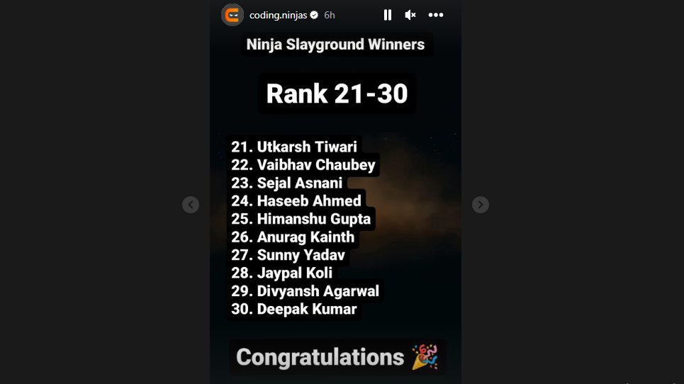 iHaseeebb's tweet image. Just secured the 24th position in a 21 days challenge of Coding Ninjas x Slay Coffee, Ninja Playground!💻🚀
Feeling accomplished and ready for more challenges ahead. 🙌
 #NinjaSlayground #CodingNinjasStudio
@CodingNinjasOff
@drinkslaycoffee
