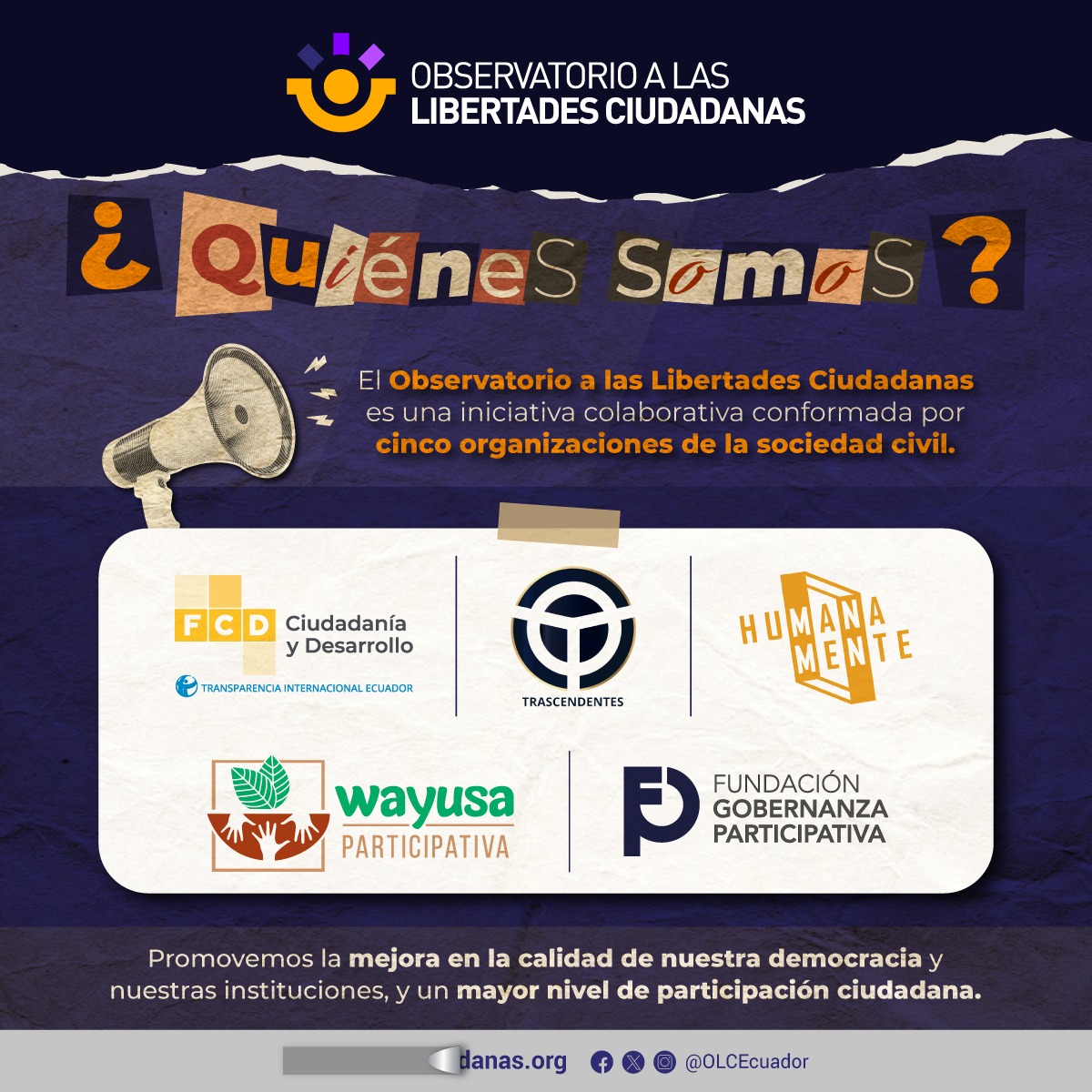 🤩Te invitamos a conocer quiénes conforman nuestro Observatorio a las Libertades Ciudadanas. 

😎Pronto lanzaremos nuestro sitio web donde tendrás acceso al monitoreo colaborativo de la iniciativa.