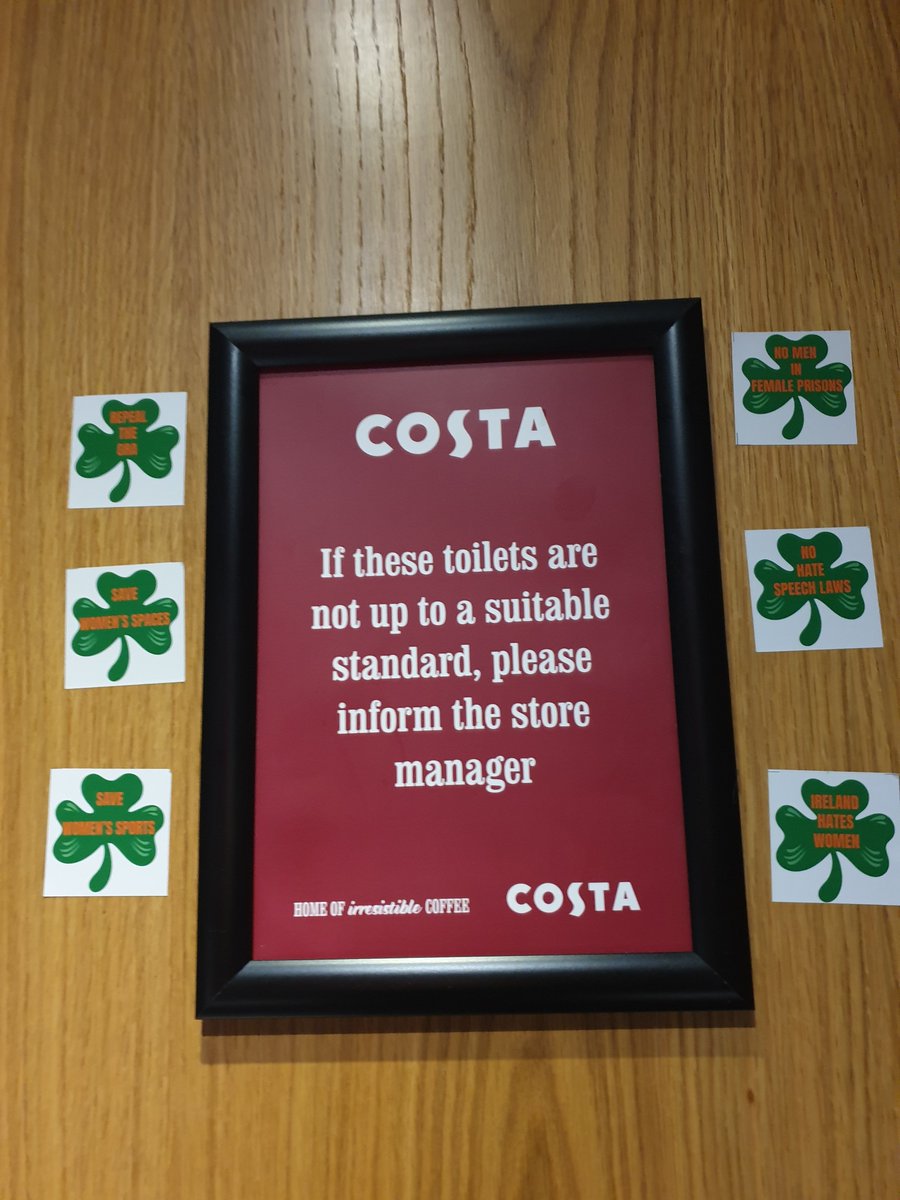 BrigidCillDara's tweet photo. Spotted in a Dublin City Centre Costa in time for #LetWomenSpeakDublin #StickerWoman
#RepealTheGRA
#SaveWomensSports
#SaveLesbianSpaces
#NoMenInFemalePrisons
#NoHateSpeechLaws
#IrelandHatesWomen https://t.co/6bg5jl39cU