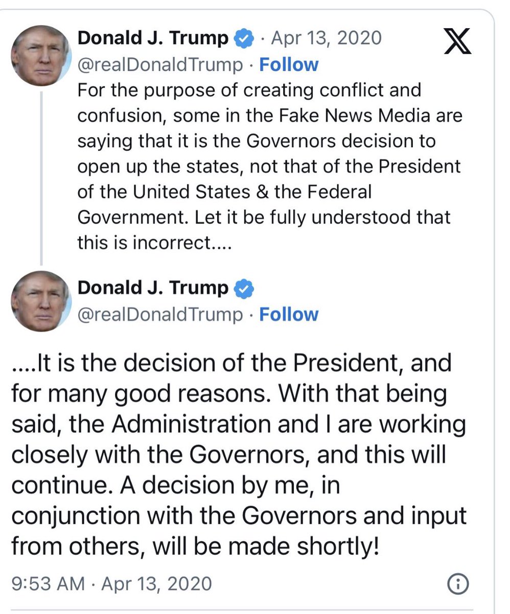 guypbenson's tweet photo. Trump today: On COVID restrictions/opening, “l let the governors run their states.”

Trump during COVID (he also said his presidential authority in this realm was “total. It’s total, it’s total. And the governors know that.” https://t.co/yoFFlhnZ3h