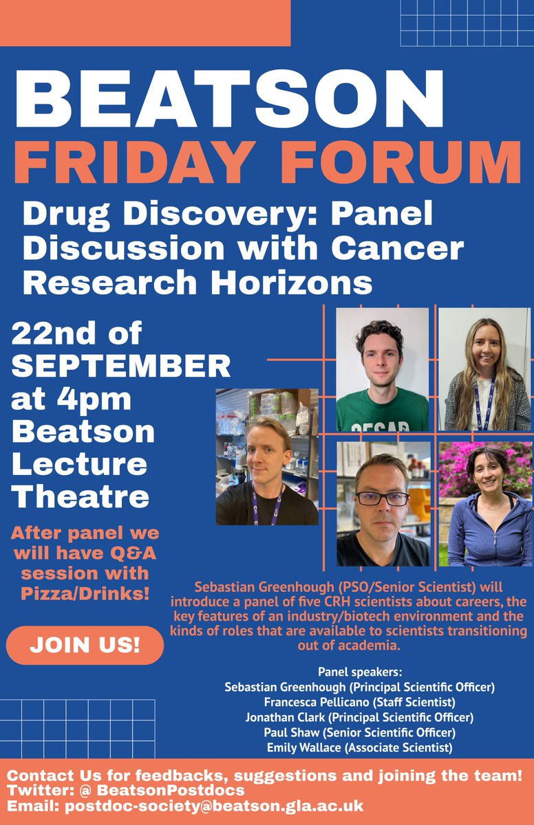 CRUK Scotland Institute Postdoc Society (@beatsonpostdocs) on Twitter photo Hello hello Beatsonites, Beatson Friday Forum (aka Beatson Postdoc Forum) starts to new semester @CRUK_BI on 22nd September Friday at 4pm with an interesting panel discussion on drug discovery and career transitioning outside of academia with great scientists from <a href="/CR_Horizons/">Cancer Research Horizons</a>. Hello hello Beatsonites, Beatson Friday Forum (aka Beatson Postdoc Forum) starts to new semester @CRUK_BI on 22nd September Friday at 4pm with an interesting panel discussion on drug discovery and career transitioning outside of academia with great scientists from <a href="/CR_Horizons/">Cancer Research Horizons</a>.