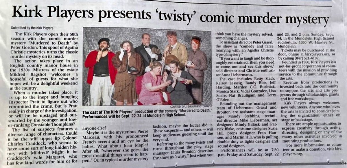 DrTerryOBrien's tweet photo. Limited run of “Murdered to Death” by @KirkPlayers 

Opening Friday, September 22 and closes Sunday, September 24.

Performances are held at the Mundelein High School Auditorium.

Times:
Friday and Saturday:  7:30pm
Sunday:  2:00pm

Tickets available at the door. https://t.co/HVbcrYqMDj
